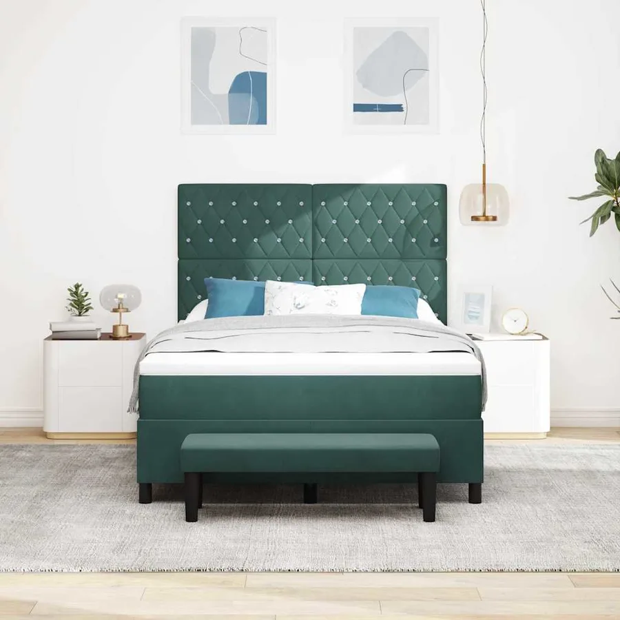 Lit à ressorts avec tête de lit Vert foncé 190 x 140 cm Velours - 3