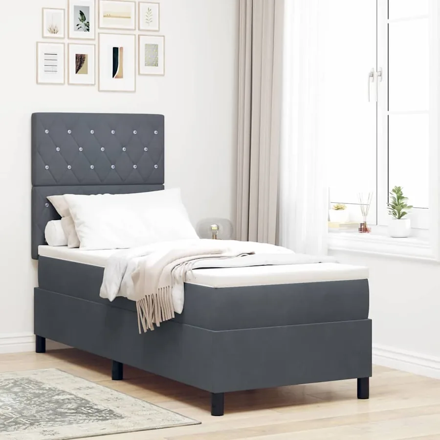 Lit à ressort LED avec matelas Gris foncé 80 x 200 cm tissu