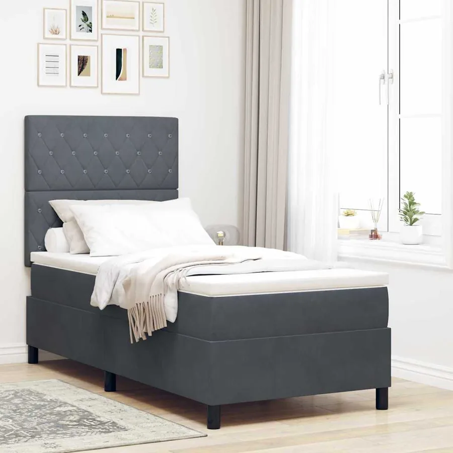 Lit à ressort LED avec matelas Gris foncé 90 x 200 cm Velours