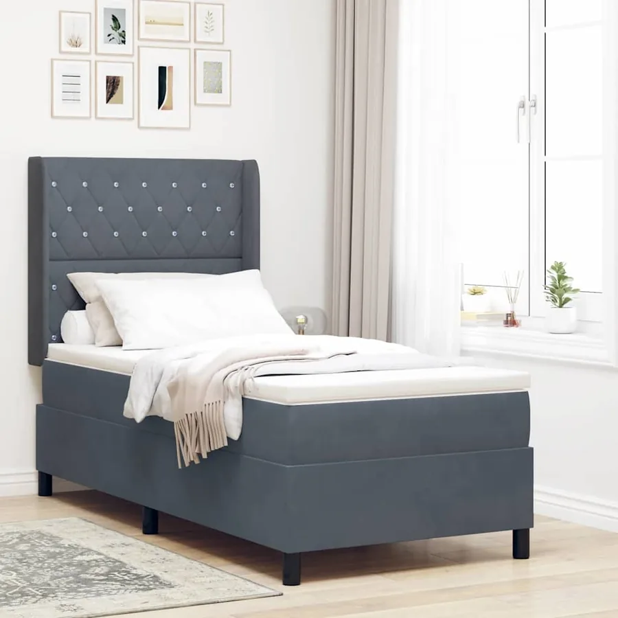 Lit à ressorts avec matelas Gris foncé 90 x 190 cm Velours