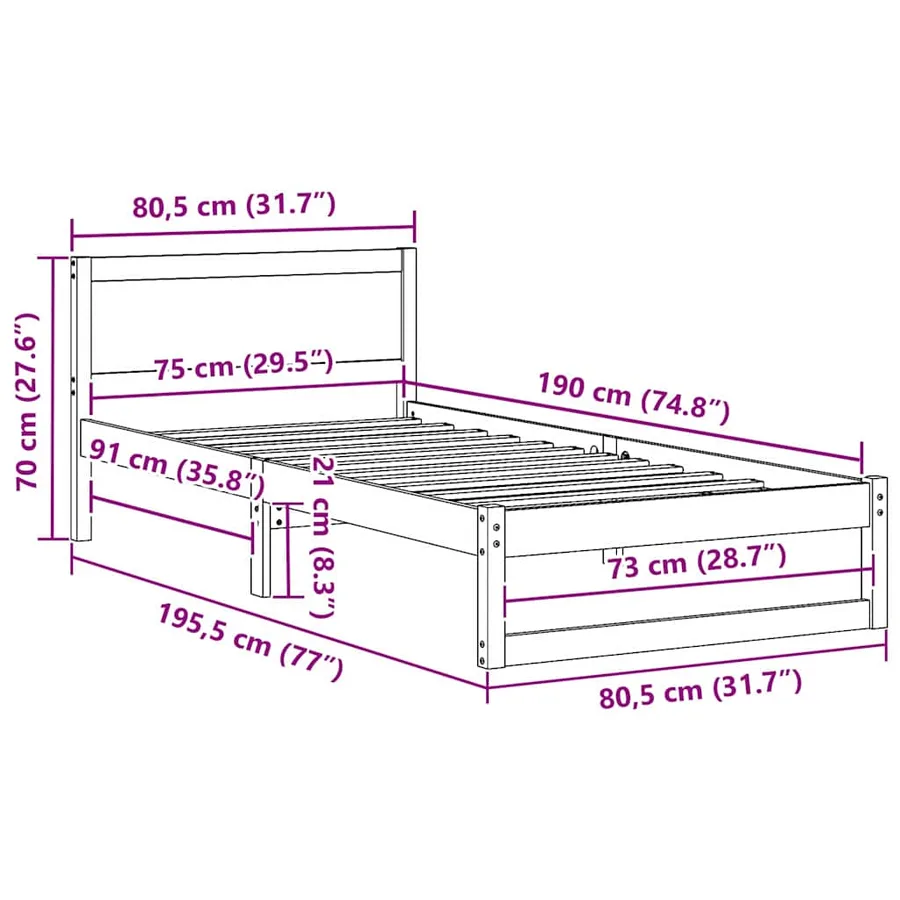 Cadre de lit avec tête de lit Blanc 75 x 190 cm Pin massif - 8