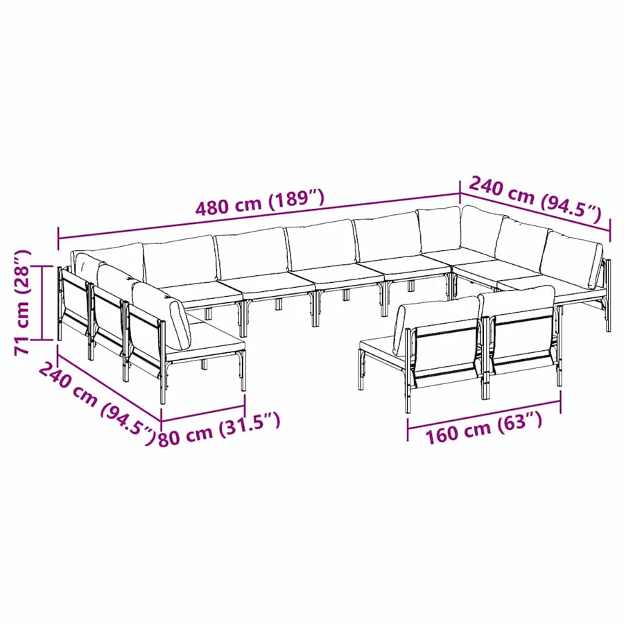 Ensemble de canapé de jardin avec coussin 12 pcs Noir Acier - 8