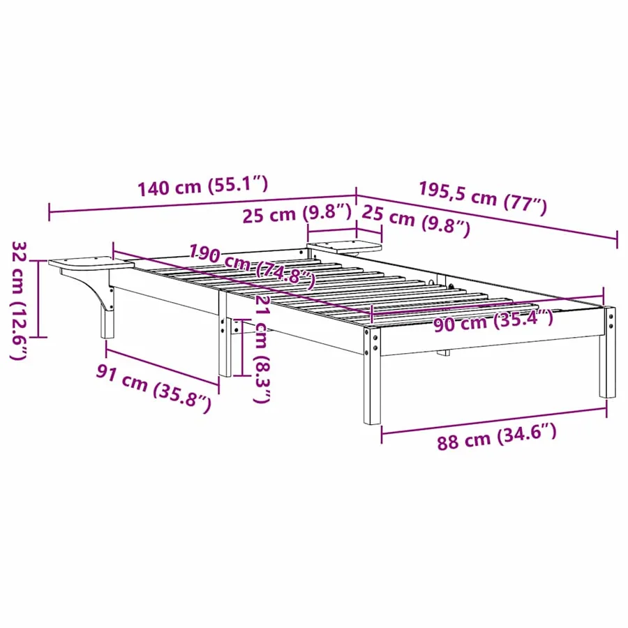 Cadre de lit Blanc 90 x 190 cm Pin massif - 8