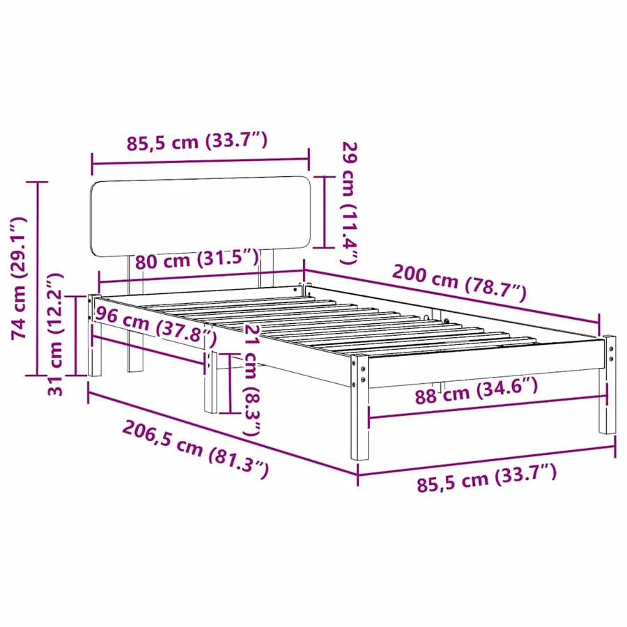 Cadre de lit avec tête de lit Brun cire 80 x 200 cm Pin massif - 8