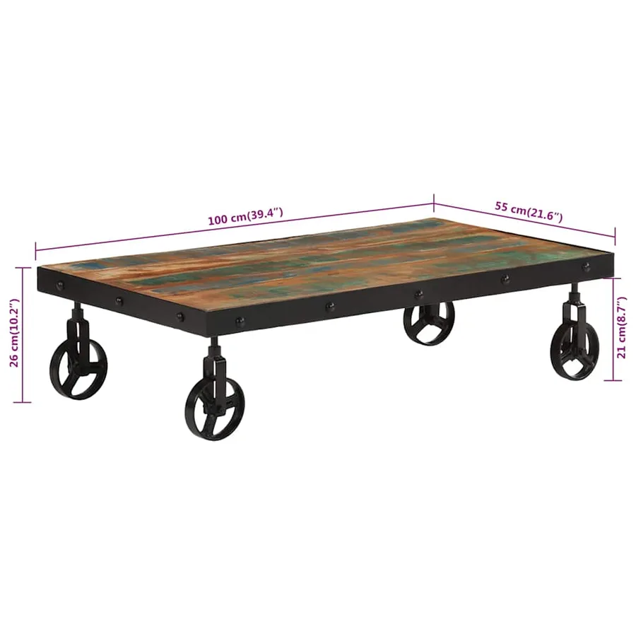 Table basse roulettes bois de récupération massif 100x55x26 cm - 8
