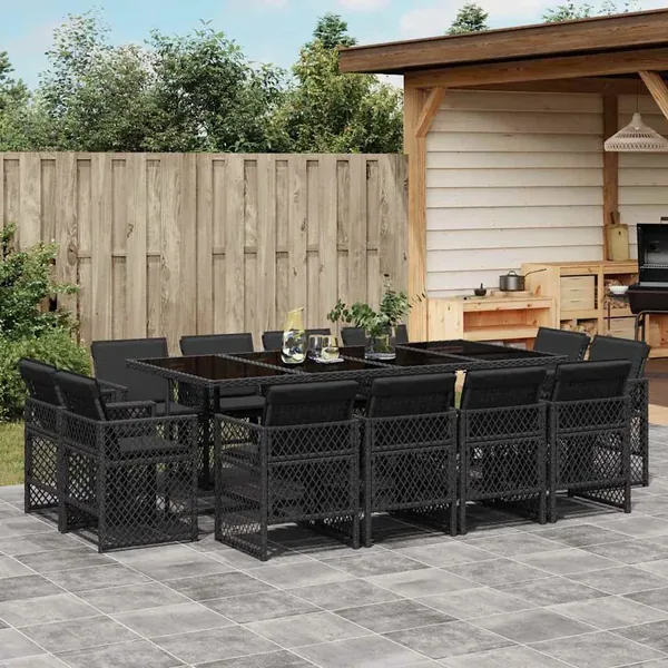 Ensemble à manger de jardin 13 pcs coussins noir résine tressée