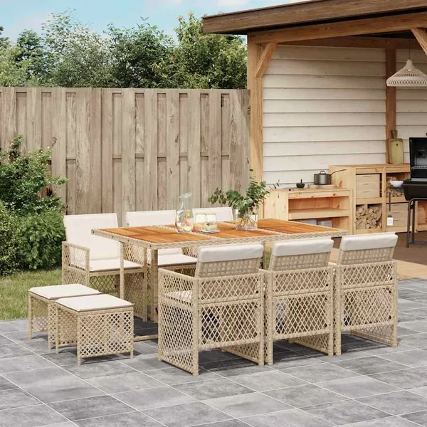Ensemble à manger de jardin et coussins 11 pcs beige poly rotin