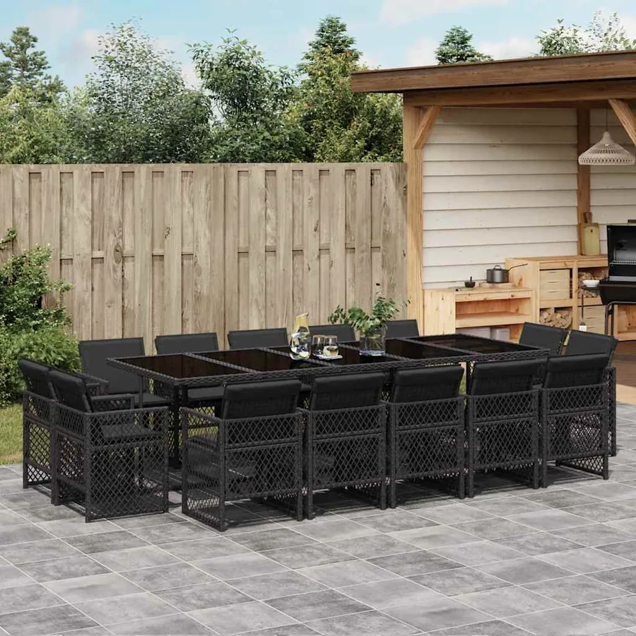 Ensemble à manger de jardin 15 pcs coussins noir résine tressée