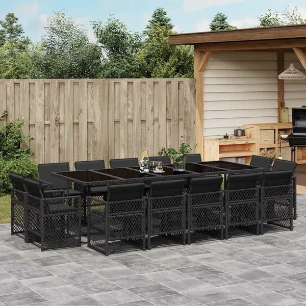 Ensemble à manger de jardin 15 pcs coussins noir résine tressée