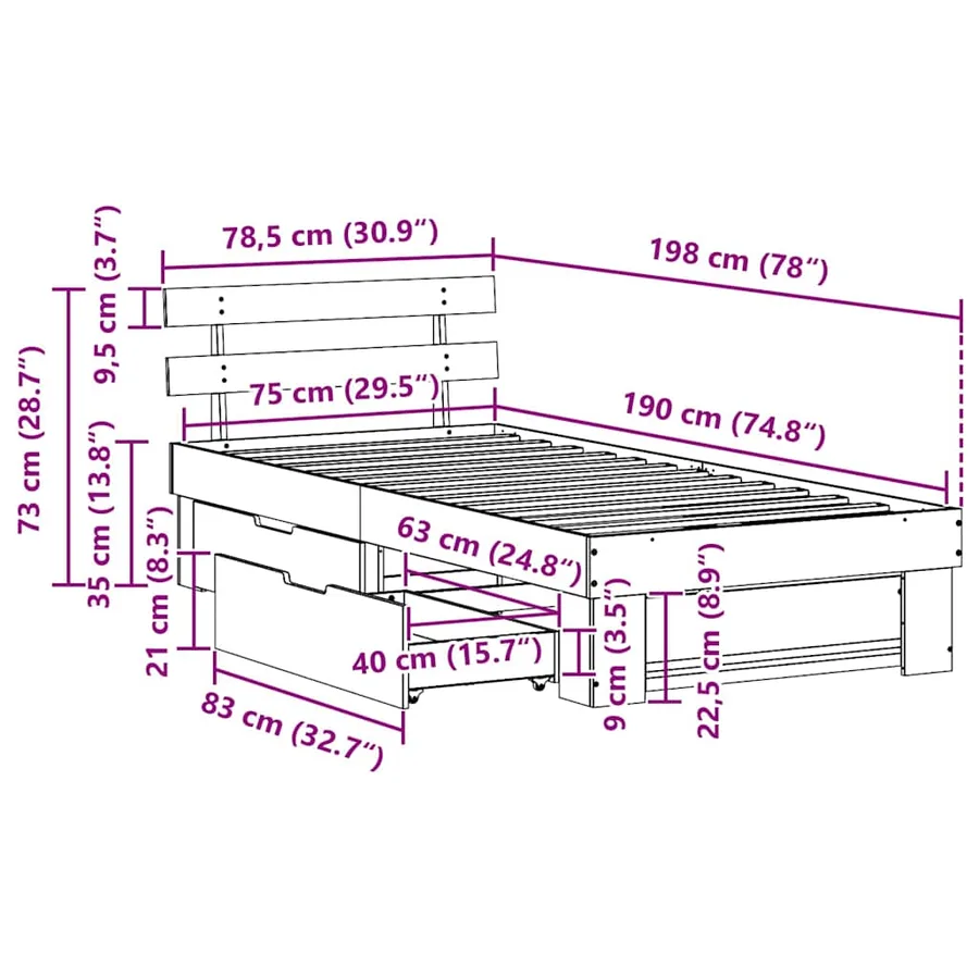 Cadre de lit avec tête de lit Blanc 75 x 190 cm Pin massif - 14