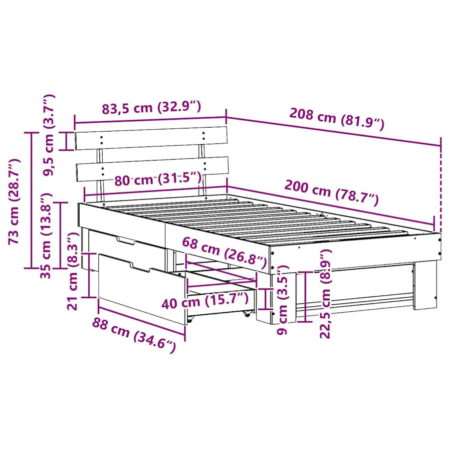 Cadre de lit avec tête de lit Blanc 80 x 200 cm Pin massif - 14