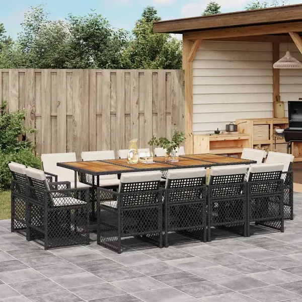 Ensemble à manger de jardin 13 pcs coussins noir résine tressée