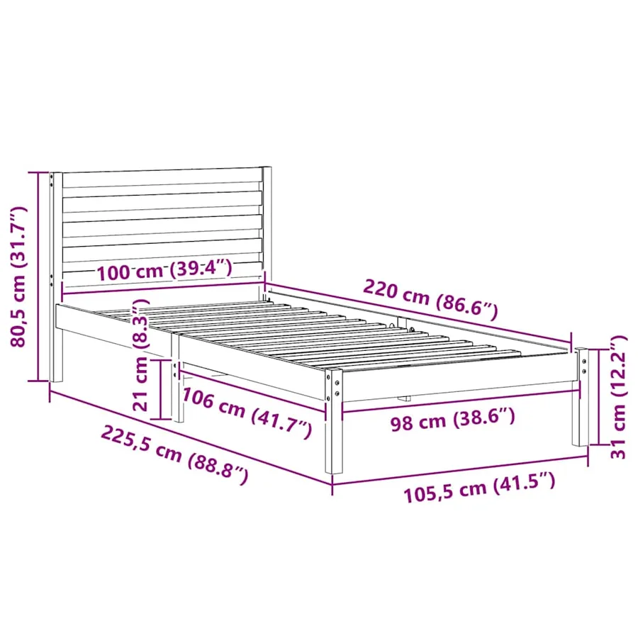 Cadre de lit avec tête de lit Blanc 100 x 220 cm Pin massif - 10