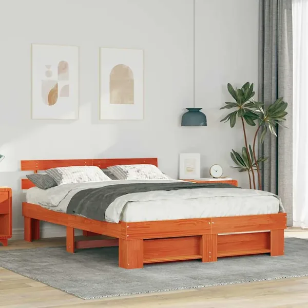 Cadre de lit avec tête de lit Brun cire 150 x 200 cm Pin massif