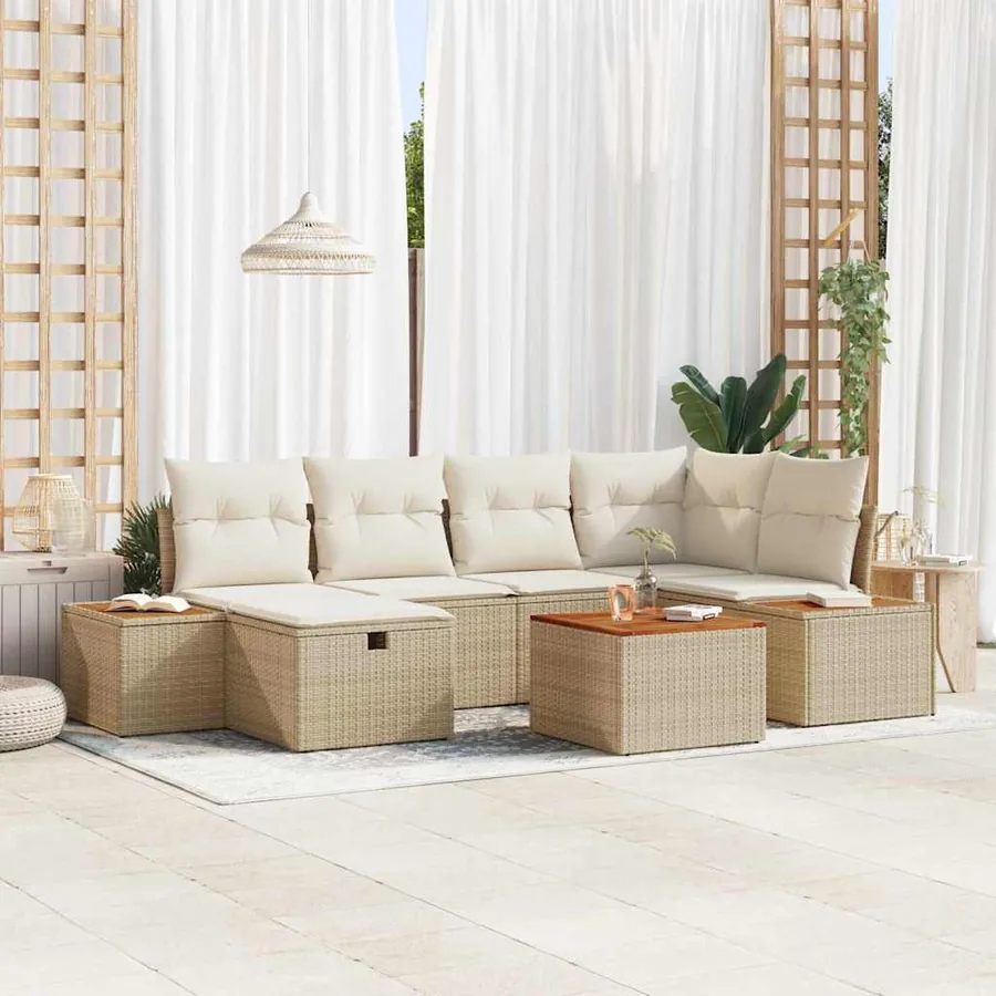 Ensemble de canapé de jardin avec coussin 7 pcs Beige polyrotin