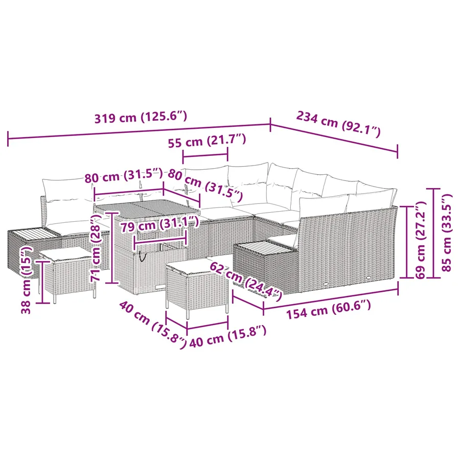 Ensemble de canapé de jardin avec coussin 12 pcs Noir - 14
