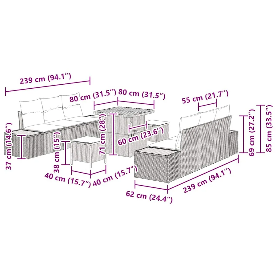 Ensemble de canapé de jardin avec coussin 9 pcs Gris Poly rotin - 15