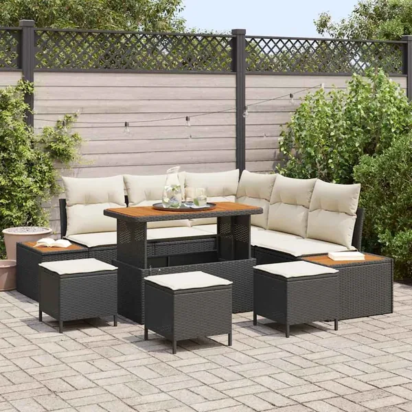 Ensemble de canapé de jardin avec coussin 9 pcs Noir Poly rotin