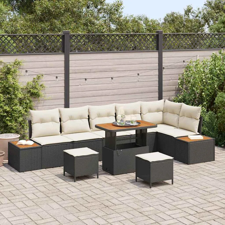 Ensemble de canapé de jardin avec coussin 9 pcs Noir Poly rotin