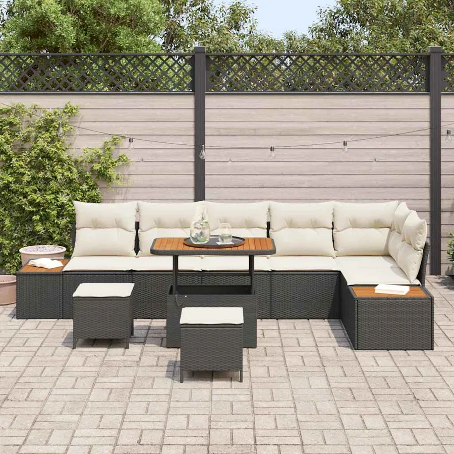 Ensemble de canapé de jardin avec coussin 9 pcs Noir Poly rotin - 3
