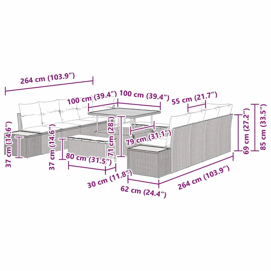Ensemble de canapé de jardin 11 pcs Noir Poly rotin - 18