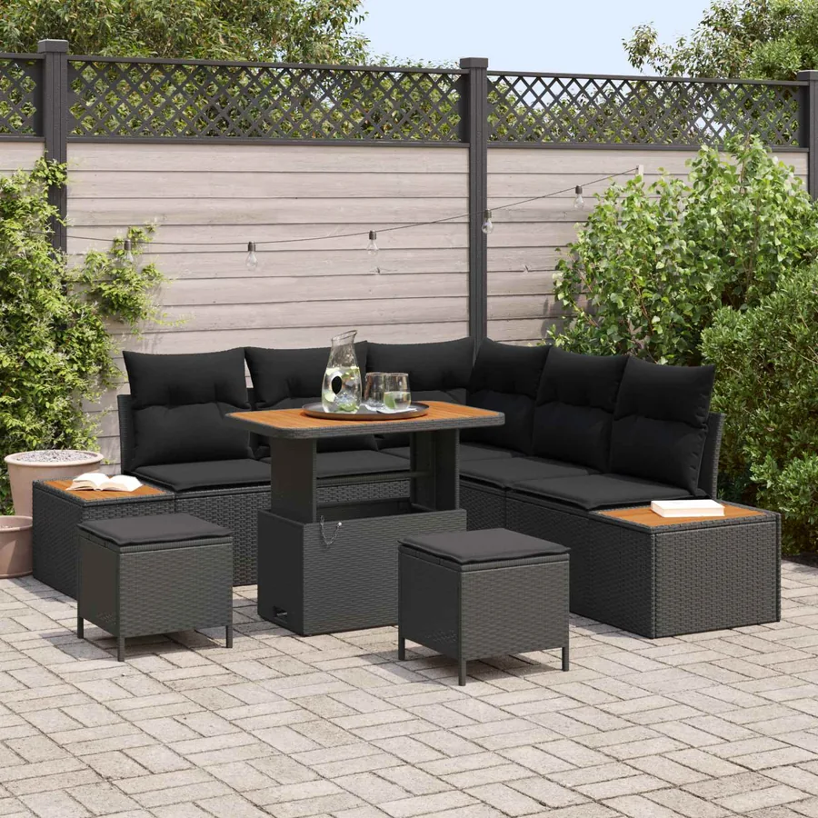 Ensemble de canapé de jardin avec coussin 8 pcs Noir Poly rotin