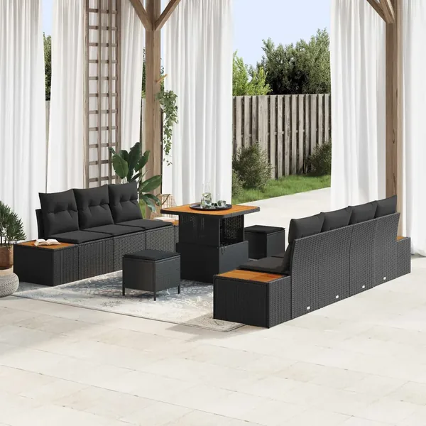 Ensemble de canapé de jardin 10 pcs Noir Poly rotin