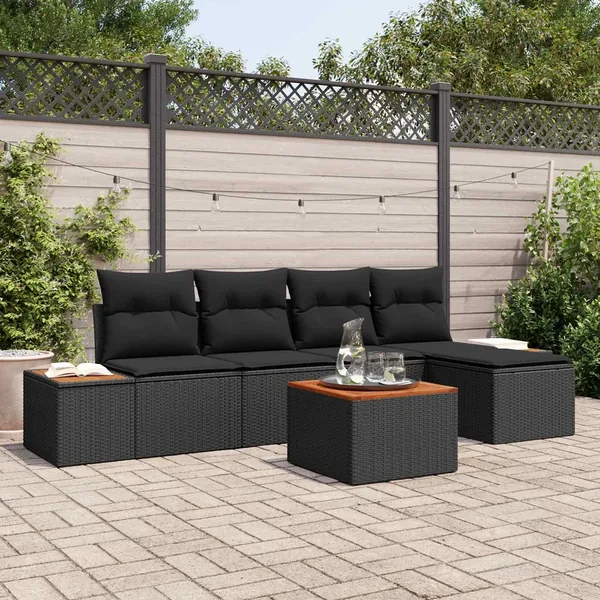 Ensemble de canapé de jardin avec coussin 6 pcs Noir Polyrotin