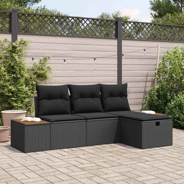 Ensemble de canapé de jardin avec coussin 4 pcs Noir polyrotin
