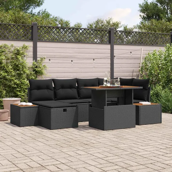 Ensemble de canapé de jardin 7 pcs Noir polyrotin