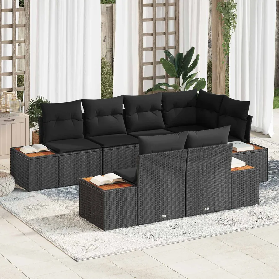 Ensemble de canapé de jardin avec coussin 7 pcs Noir Polyrotin