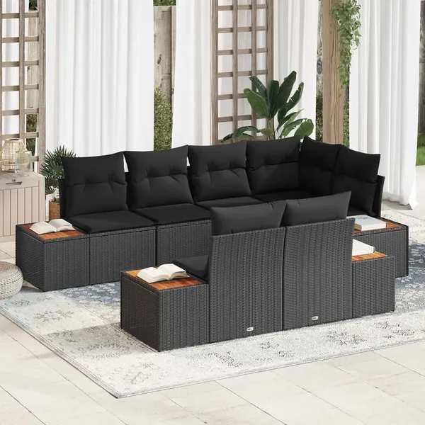 Ensemble de canapé de jardin avec coussin 7 pcs Noir Polyrotin