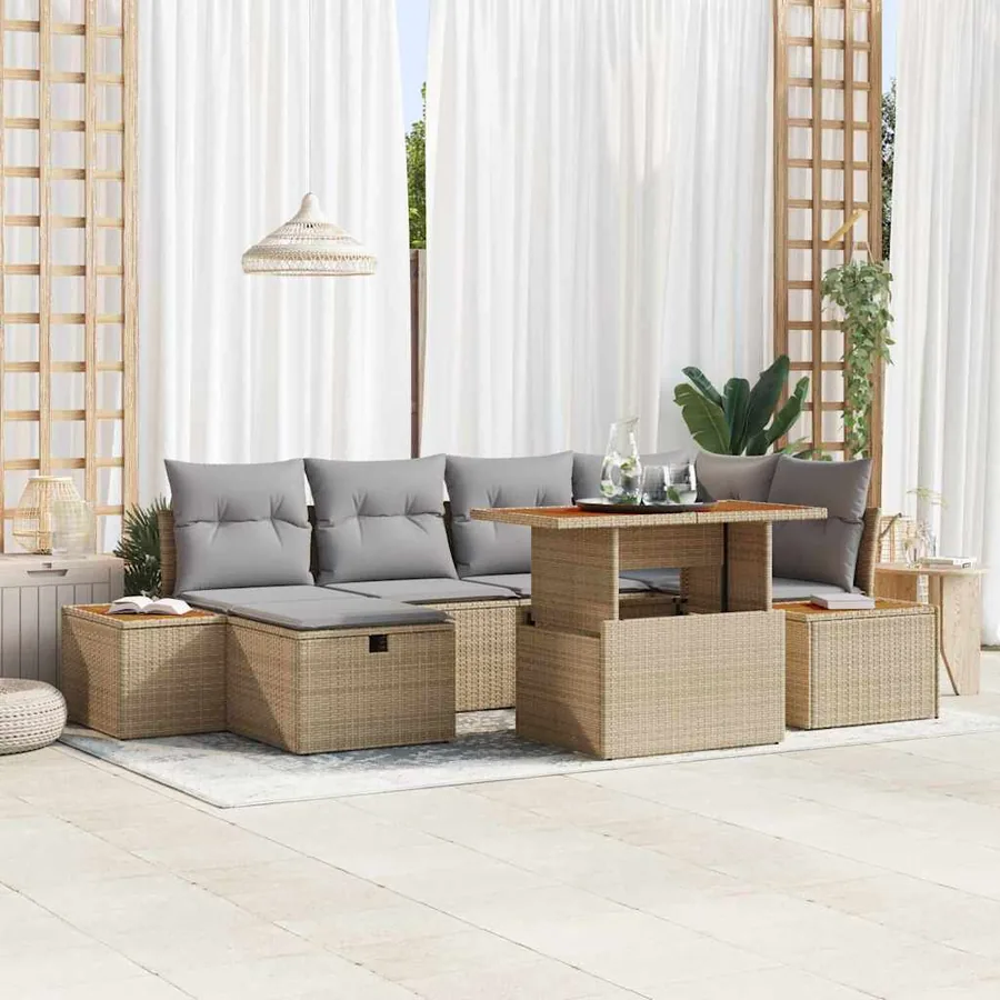 Ensemble de canapé de jardin 7 pcs Beige polyrotin