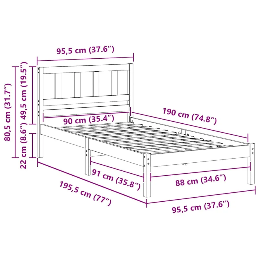 Cadre de lit avec tête de lit Marron 90 x 190 cm Pin massif - 9