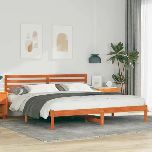 Cadre de lit avec tête de lit Brun cire 200 x 200 cm Pin massif