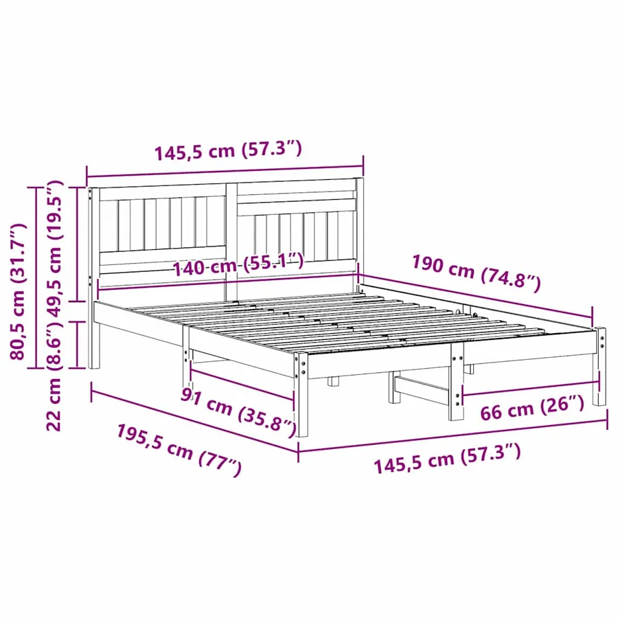 Cadre de lit avec tête de lit Blanc 140 x 190 cm Pin massif - 9