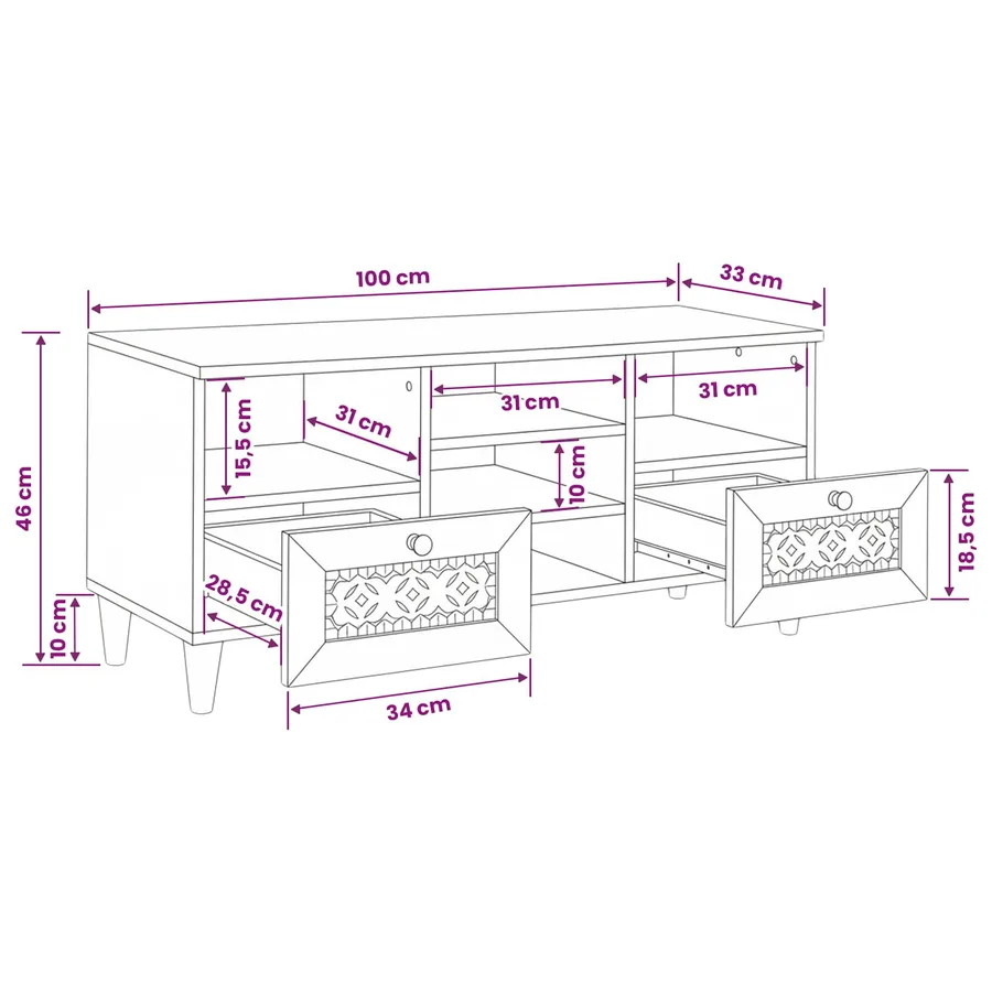 Meuble TV avec tiroir 100 x 33 x 46 cm Bois de mangue massif - 11