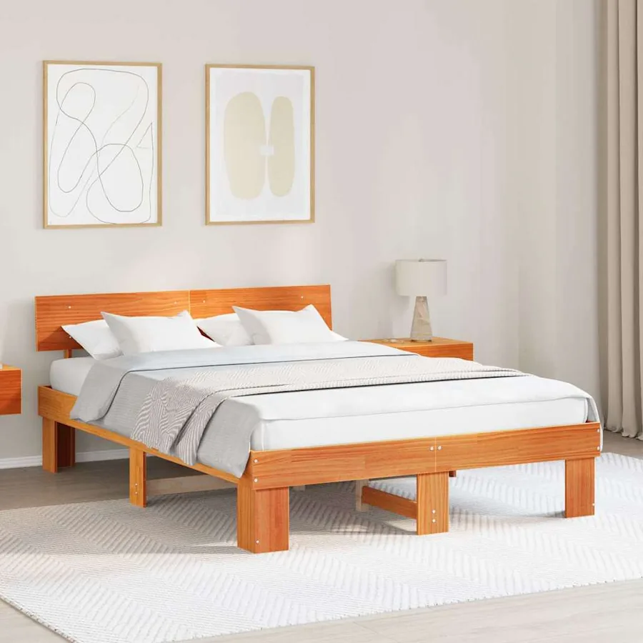 Cadre de lit avec tête de lit Brun cire 150 x 200 cm Pin massif