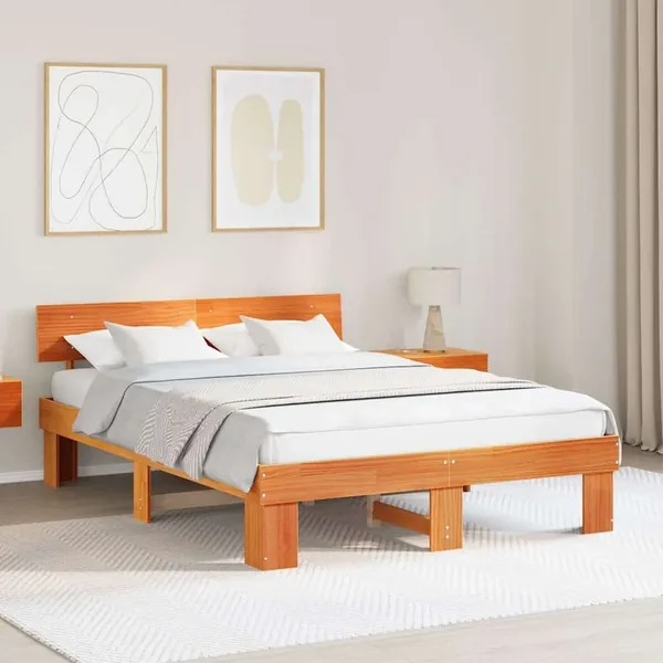 Cadre de lit avec tête de lit Brun cire 150 x 200 cm Pin massif