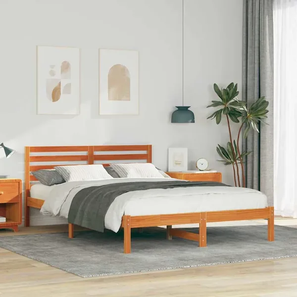 Cadre de lit avec tête de lit Brun cire 140 x 210 cm Pin massif