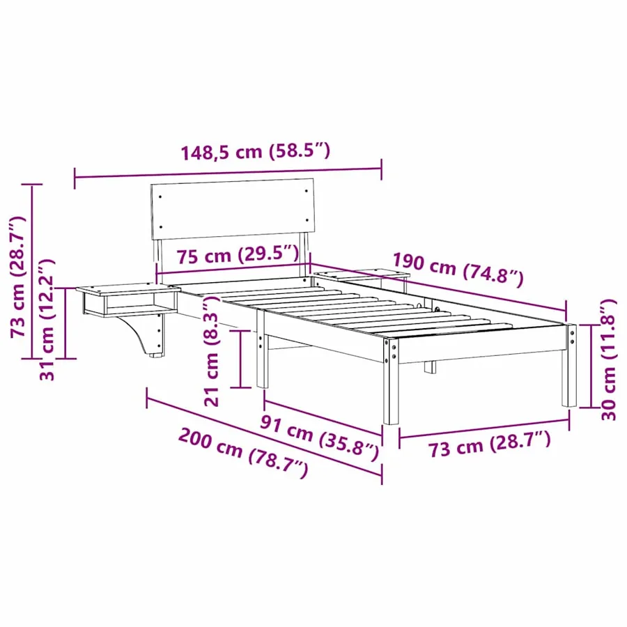 Cadre de lit avec tête de lit Marron 75 x 190 cm Pin massif - 11