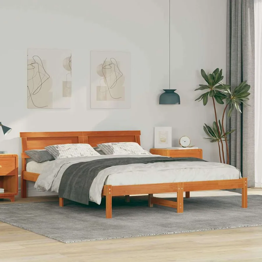 Cadre de lit avec tête de lit Brun cire 150 x 200 cm Pin massif