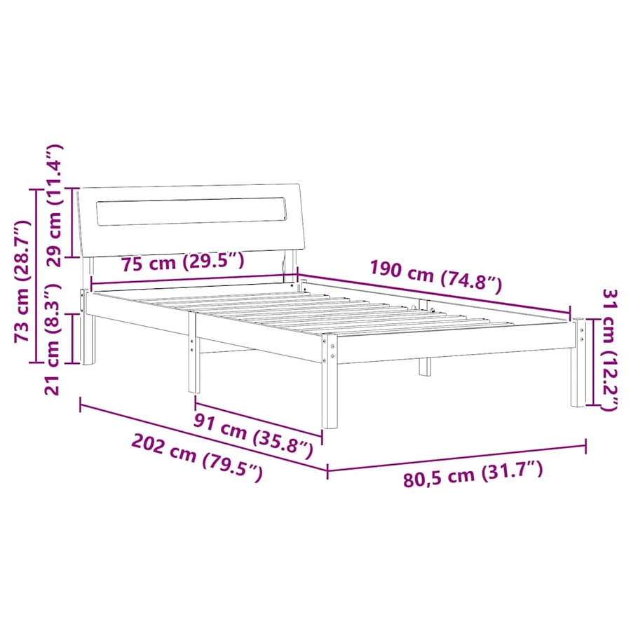 Cadre de lit avec tête de lit Marron 75 x 190 cm Pin massif - 11