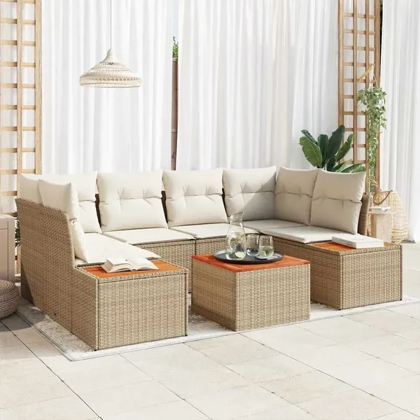 Ensemble de canapé de jardin 7 pcs Beige Poly rotin