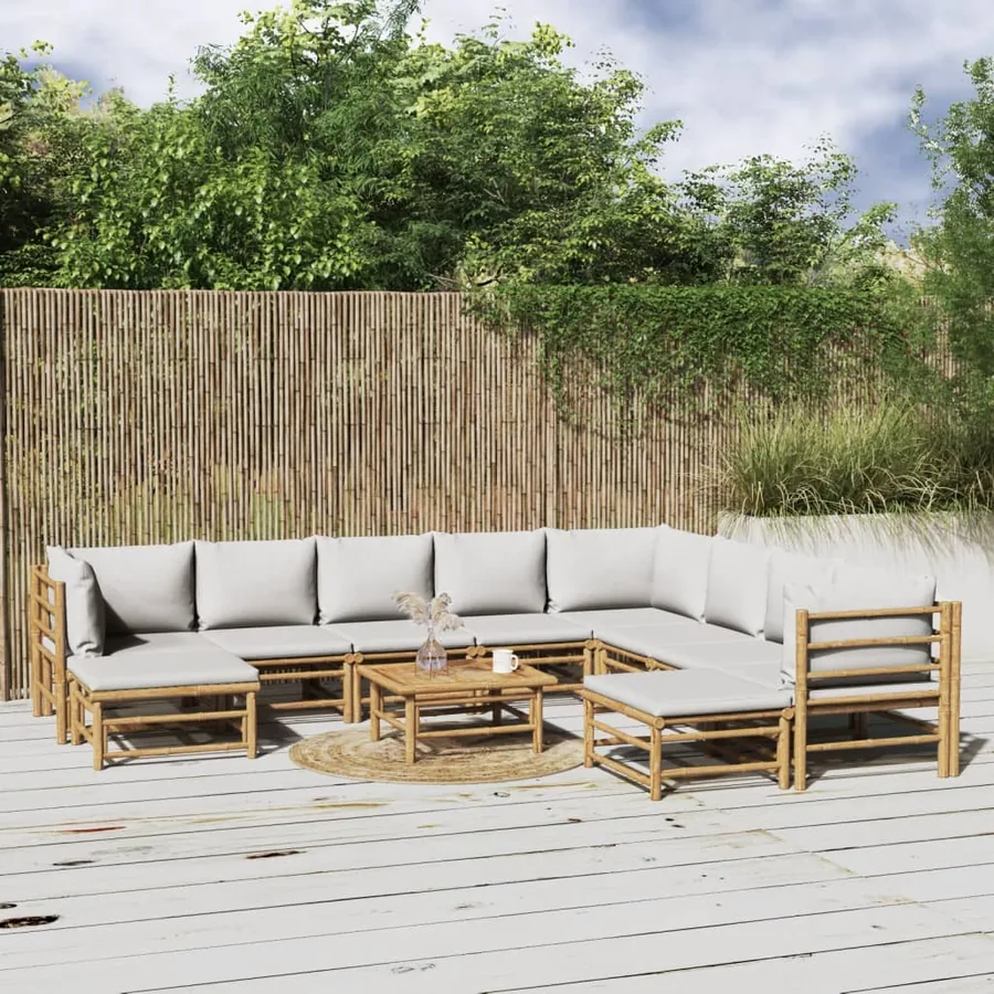 Salon de jardin 11 pcs avec coussins gris clair bambou