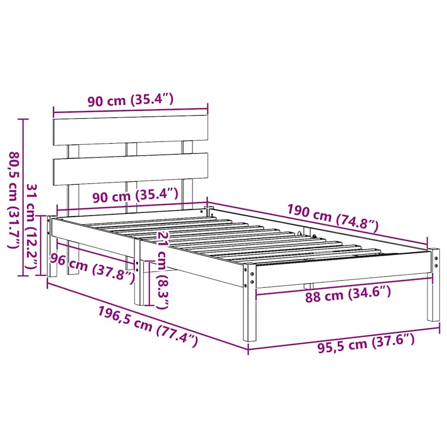 Cadre de lit Blanc 90 x 190 cm Bois de pin massif - 8