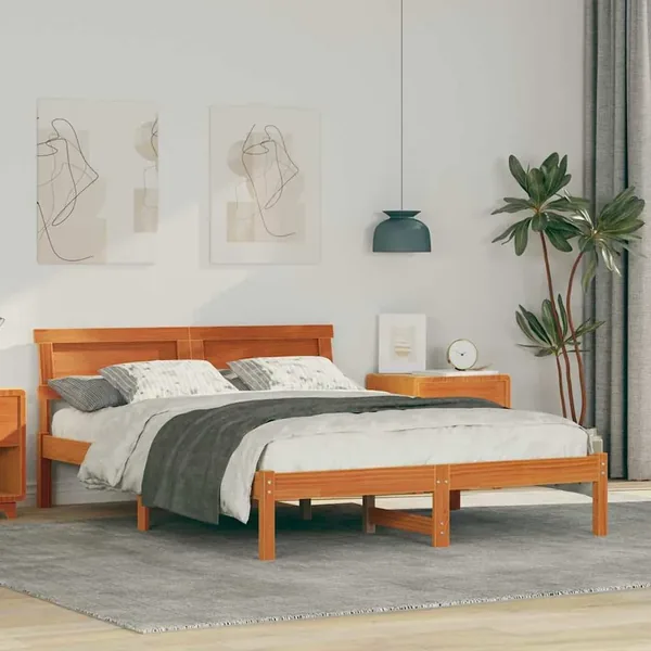Cadre de lit avec tête de lit Brun cire 135 x 190 cm Pin massif