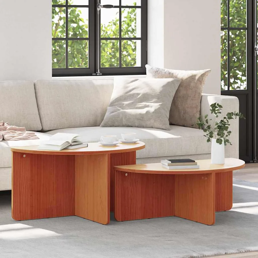 Table basse 2 pcs Brun cire Bois massif en pin