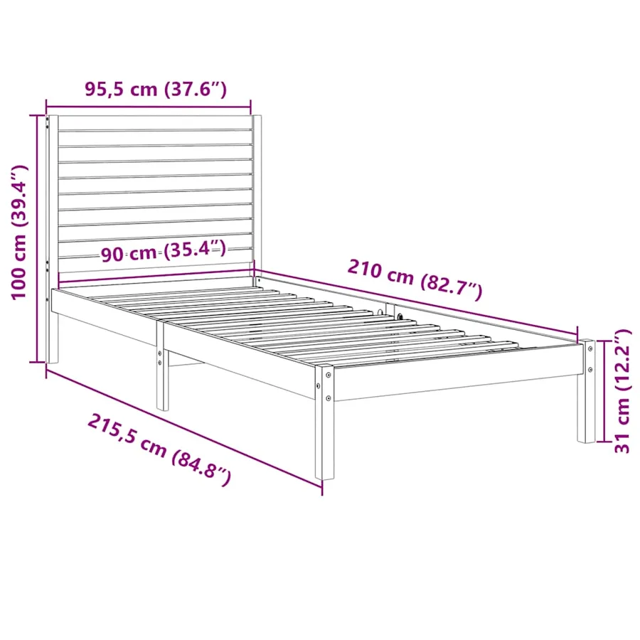 Cadre de lit extra long sans matelas 90x210 cm bois massif - 9
