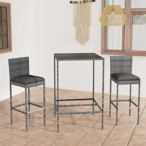 Ensemble de bar de jardin 3 pcs et coussins Résine tressée Gris